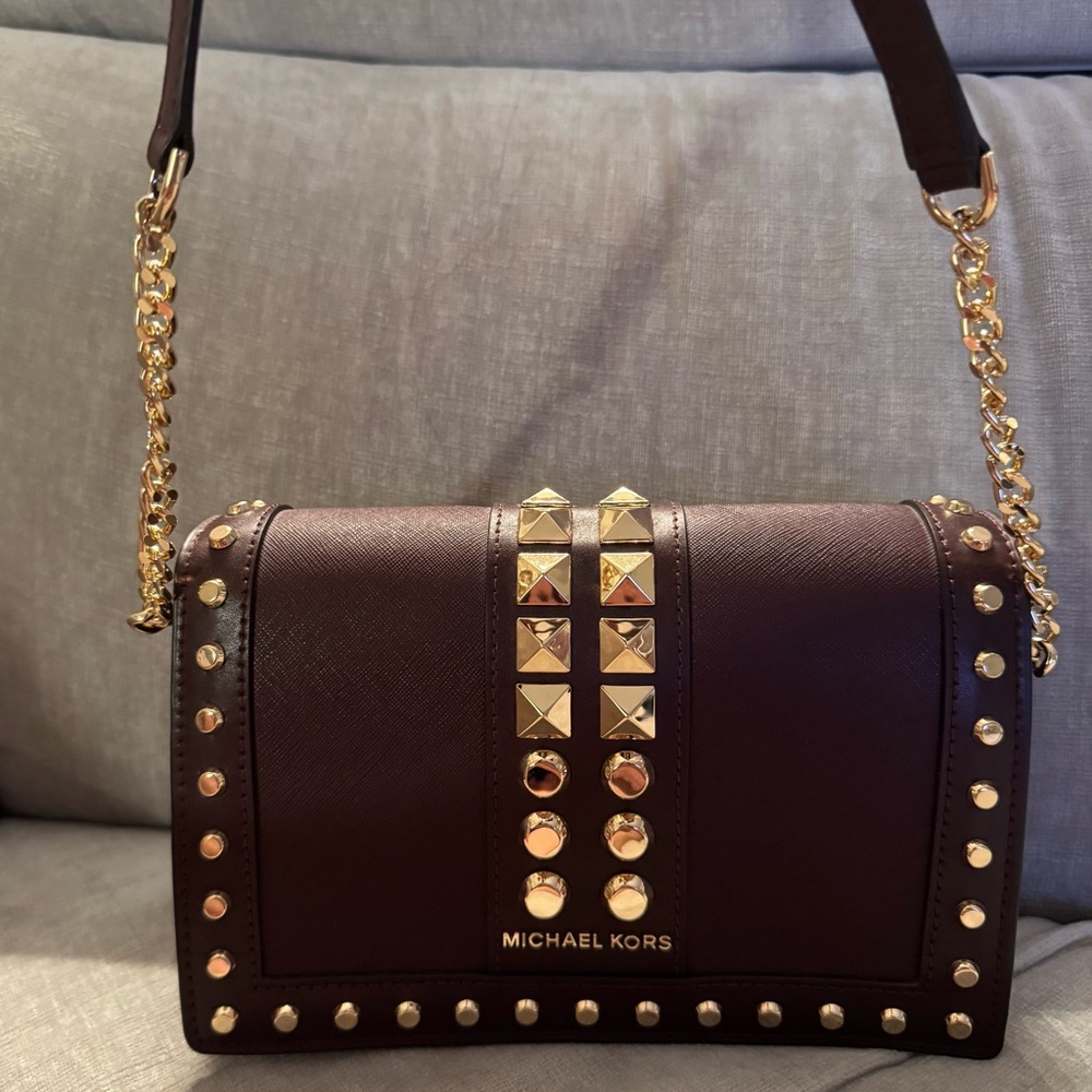 New Michael Kors Burgundy Studded Crossbody Bag